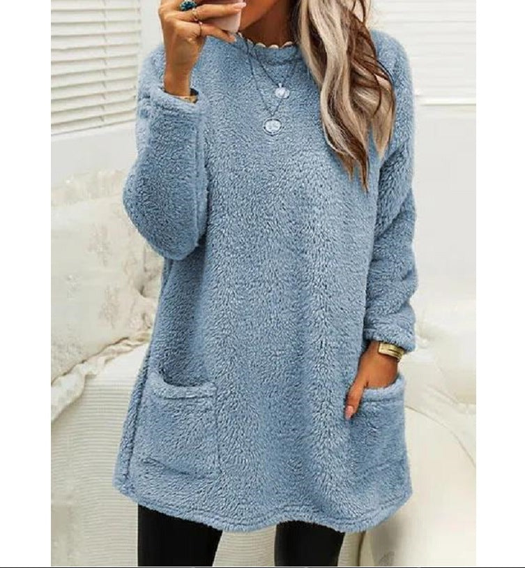 Women's Fleece Pullover Long Sweater With Pockets Winter Warm Thinken Sweatershirt Casual Long Sleeve Plush Tops Hoodie Coat Streetwear Fall Loose Outfits Hoodie Tops