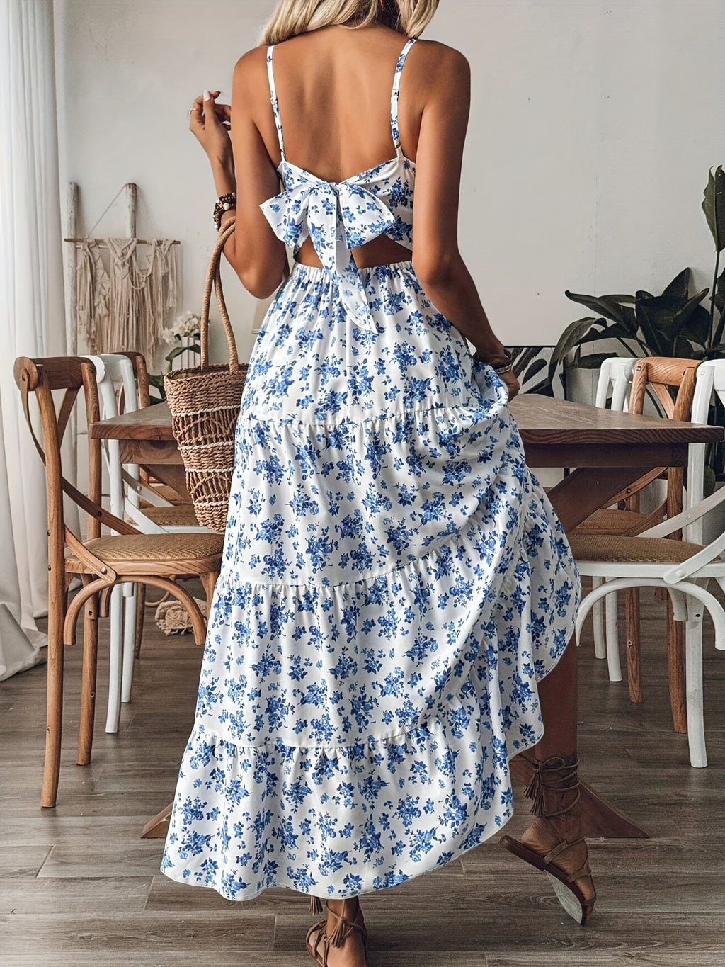 Women's Summer V-Neck Floral Print Strappy Dress - Sexy Backless Bowknot Flowy Maxi Party Dress