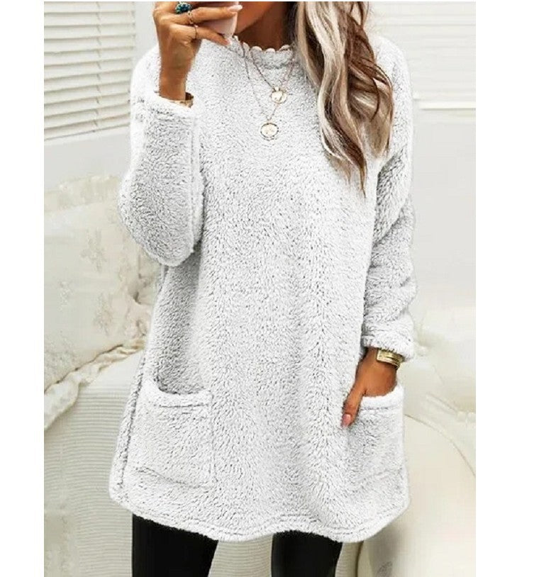 Women's Fleece Pullover Long Sweater With Pockets Winter Warm Thinken Sweatershirt Casual Long Sleeve Plush Tops Hoodie Coat Streetwear Fall Loose Outfits Hoodie Tops
