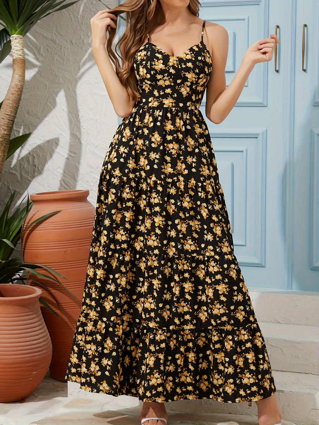Women's Summer V-Neck Floral Print Strappy Dress - Sexy Backless Bowknot Flowy Maxi Party Dress