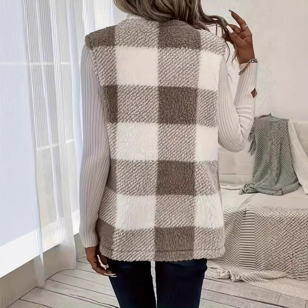 Fashion Casual Pocket Plush Plaid Vest Top
