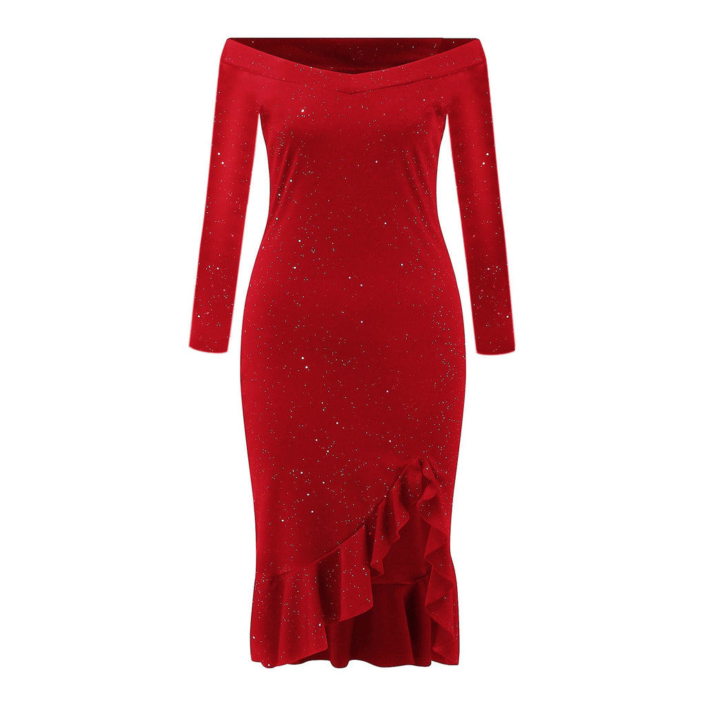 Women Party Sequin Dress Sexy Off Shoulder Robe Femme Ruffle Hem Slit Slim Bodycon Dresses Fashion Solid Female Vestidos