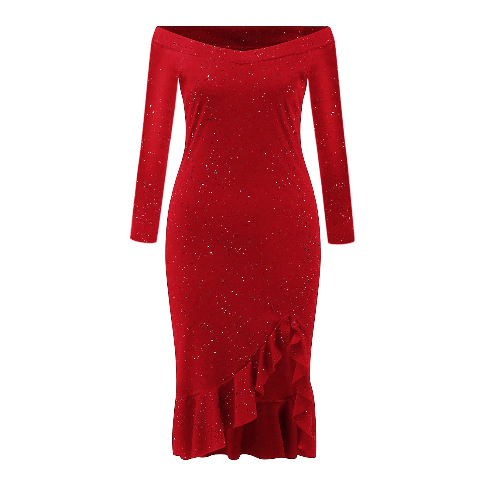Women Party Sequin Dress Sexy Off Shoulder Robe Femme Ruffle Hem Slit Slim Bodycon Dresses Fashion Solid Female Vestidos