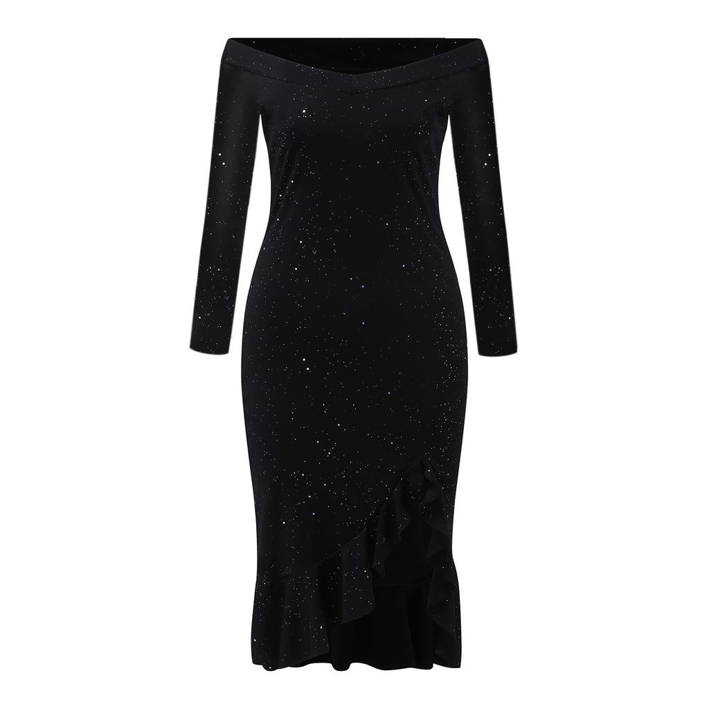 Women Party Sequin Dress Sexy Off Shoulder Robe Femme Ruffle Hem Slit Slim Bodycon Dresses Fashion Solid Female Vestidos