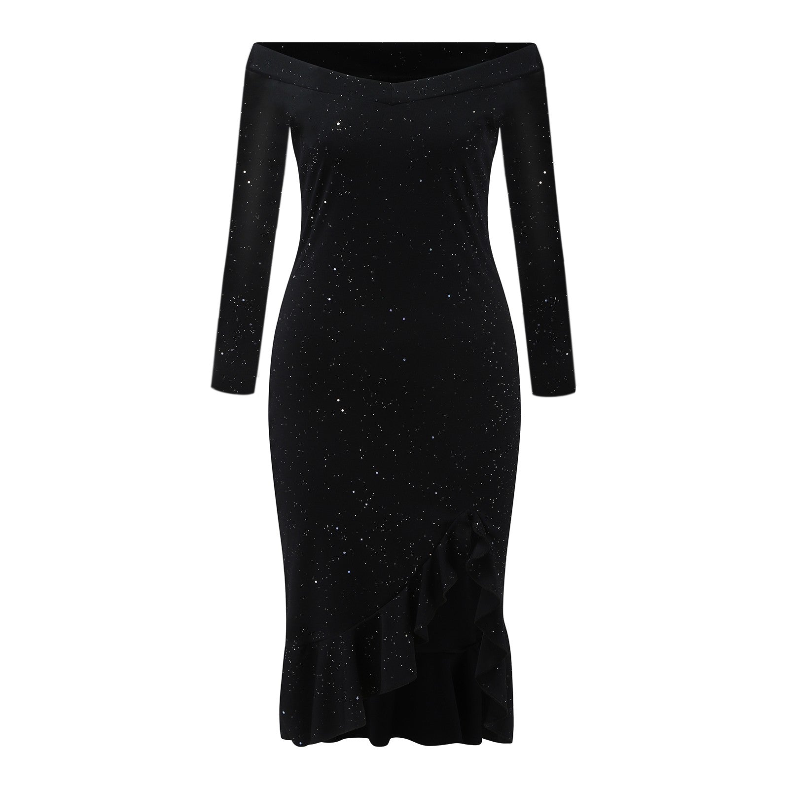 Women Party Sequin Dress Sexy Off Shoulder Robe Femme Ruffle Hem Slit Slim Bodycon Dresses Fashion Solid Female Vestidos