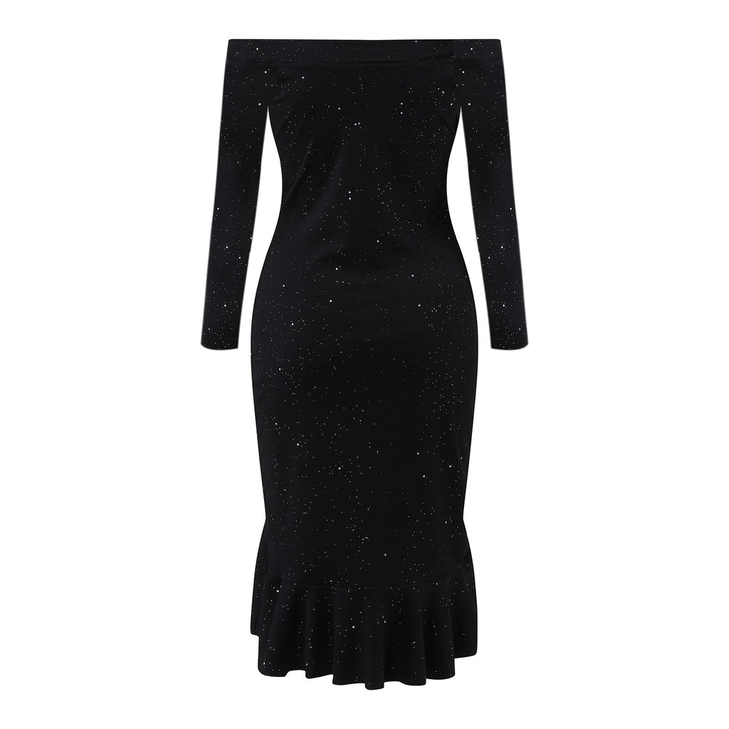 Women Party Sequin Dress Sexy Off Shoulder Robe Femme Ruffle Hem Slit Slim Bodycon Dresses Fashion Solid Female Vestidos