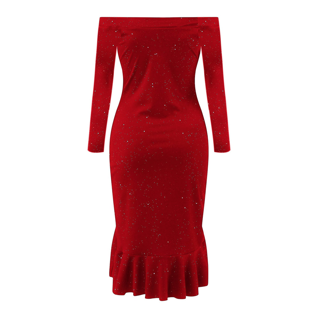 Women Party Sequin Dress Sexy Off Shoulder Robe Femme Ruffle Hem Slit Slim Bodycon Dresses Fashion Solid Female Vestidos