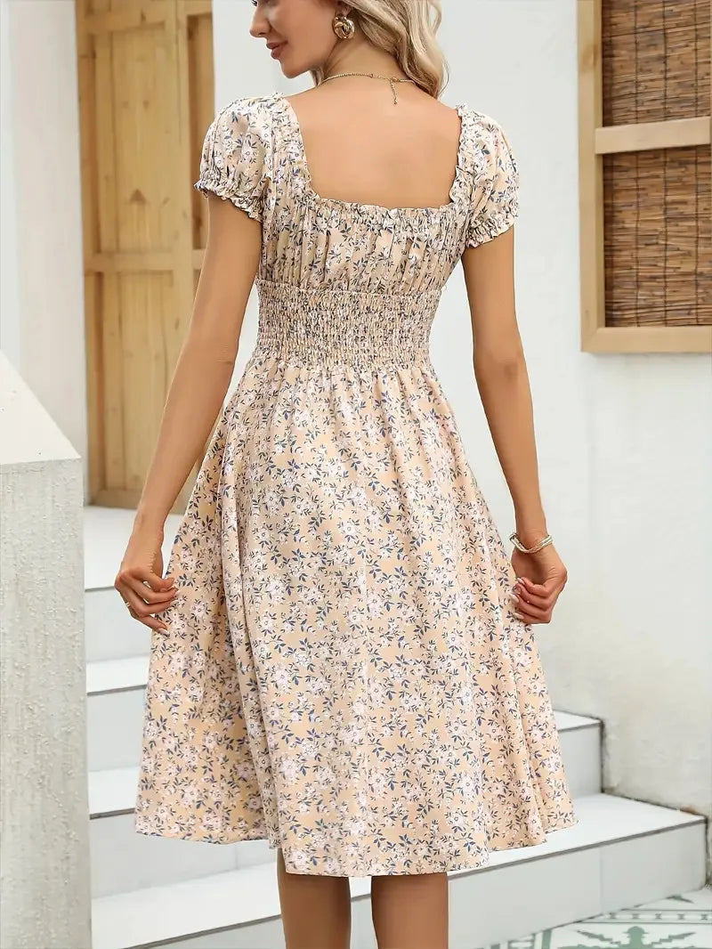 2025 Summer New Vintage Floral Bubble Sleeve French Dress
