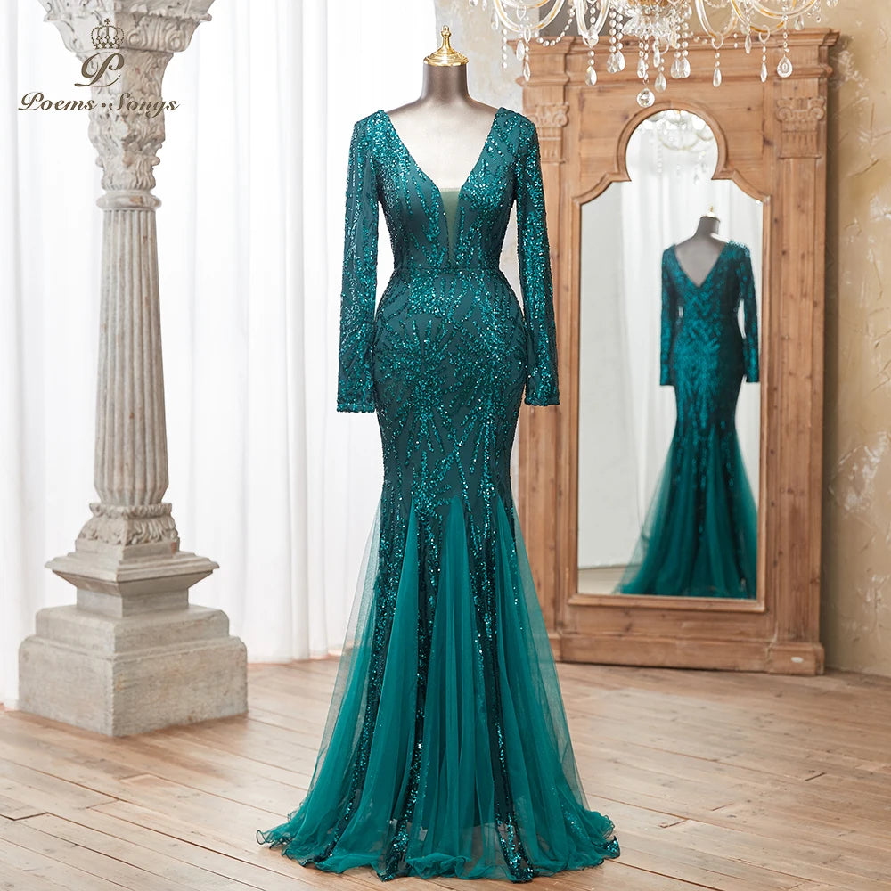 Luxurious Dark green Long Sleeve Sequin Gown Deep V-Neck Embellished Pattern Mermaid Formal Dress Elegant Evening Special Events