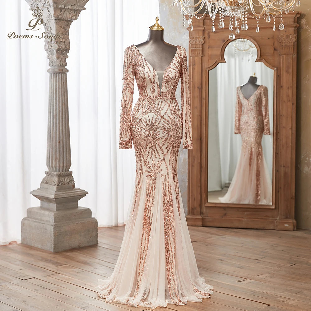 Luxurious Dark green Long Sleeve Sequin Gown Deep V-Neck Embellished Pattern Mermaid Formal Dress Elegant Evening Special Events