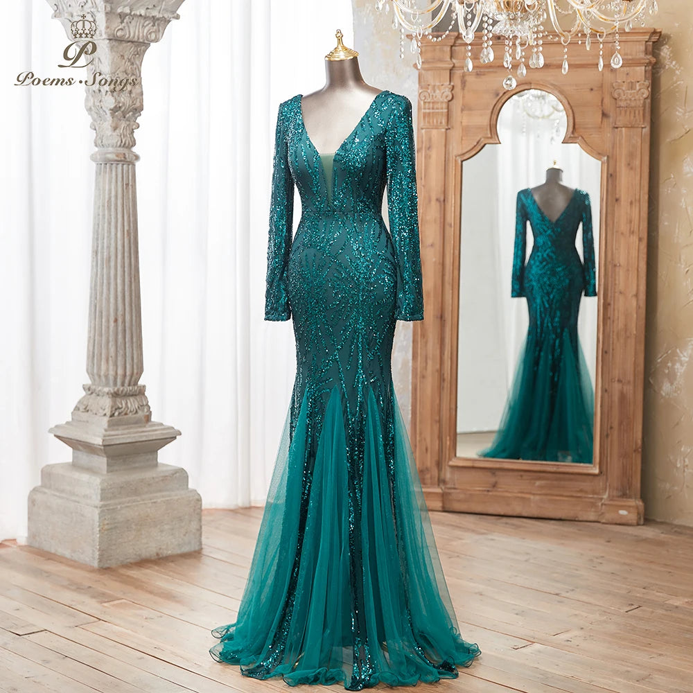 Luxurious Dark green Long Sleeve Sequin Gown Deep V-Neck Embellished Pattern Mermaid Formal Dress Elegant Evening Special Events