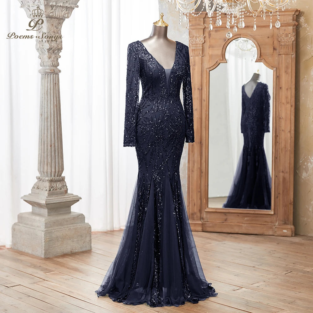 Luxurious Dark green Long Sleeve Sequin Gown Deep V-Neck Embellished Pattern Mermaid Formal Dress Elegant Evening Special Events