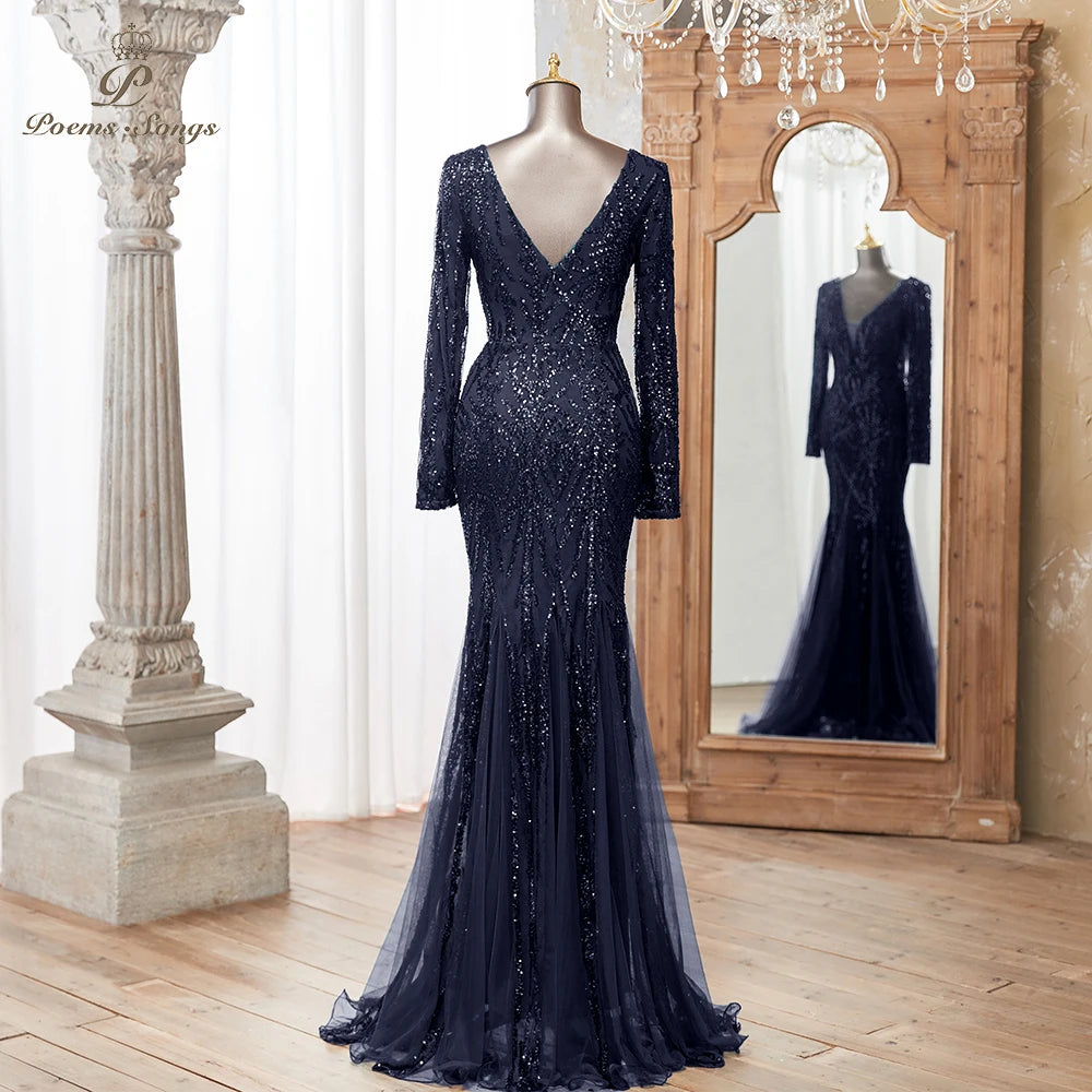 Luxurious Dark green Long Sleeve Sequin Gown Deep V-Neck Embellished Pattern Mermaid Formal Dress Elegant Evening Special Events