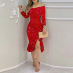 Women Party Sequin Dress Sexy Off Shoulder Robe Femme Ruffle Hem Slit Slim Bodycon Dresses Fashion Solid Female Vestidos