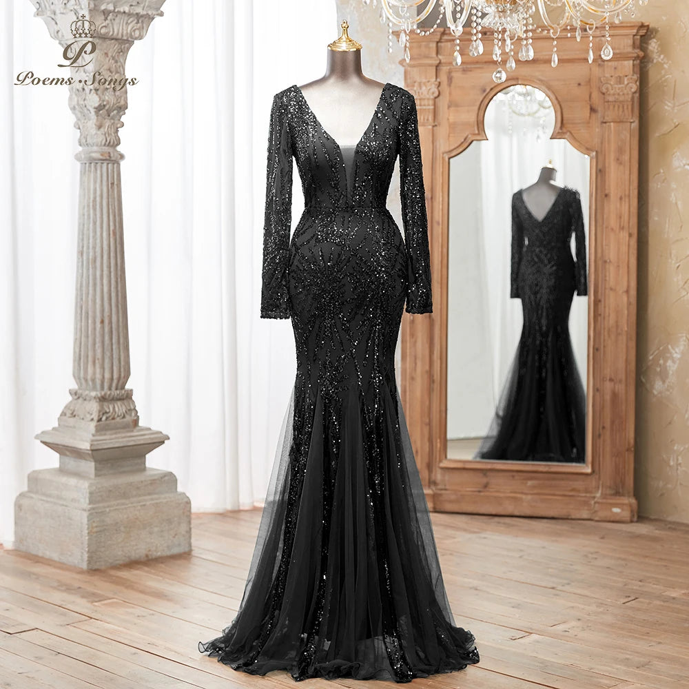 Luxurious Dark green Long Sleeve Sequin Gown Deep V-Neck Embellished Pattern Mermaid Formal Dress Elegant Evening Special Events