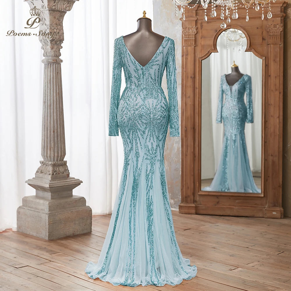 Luxurious Dark green Long Sleeve Sequin Gown Deep V-Neck Embellished Pattern Mermaid Formal Dress Elegant Evening Special Events