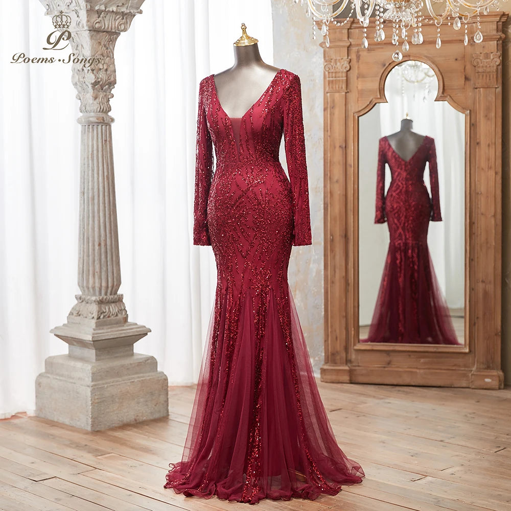Luxurious Dark green Long Sleeve Sequin Gown Deep V-Neck Embellished Pattern Mermaid Formal Dress Elegant Evening Special Events