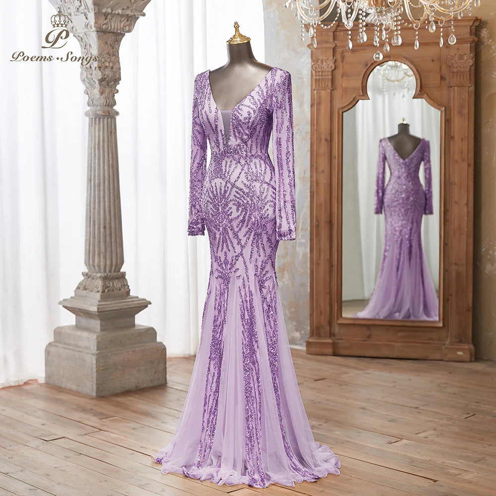Luxurious Dark green Long Sleeve Sequin Gown Deep V-Neck Embellished Pattern Mermaid Formal Dress Elegant Evening Special Events