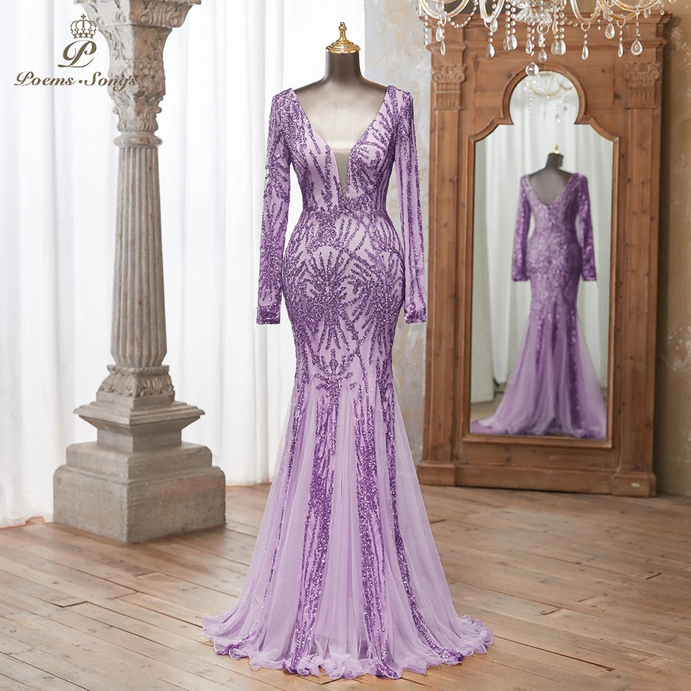 Luxurious Dark green Long Sleeve Sequin Gown Deep V-Neck Embellished Pattern Mermaid Formal Dress Elegant Evening Special Events