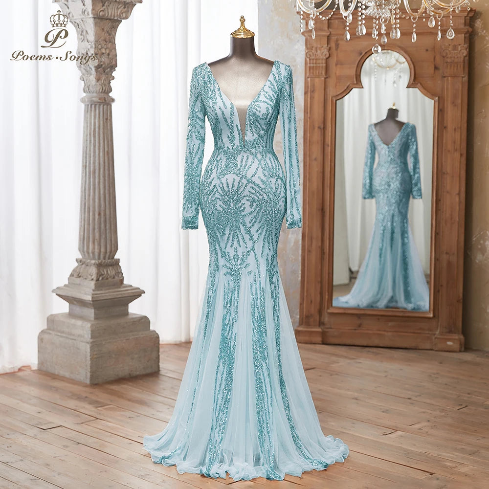 Luxurious Dark green Long Sleeve Sequin Gown Deep V-Neck Embellished Pattern Mermaid Formal Dress Elegant Evening Special Events
