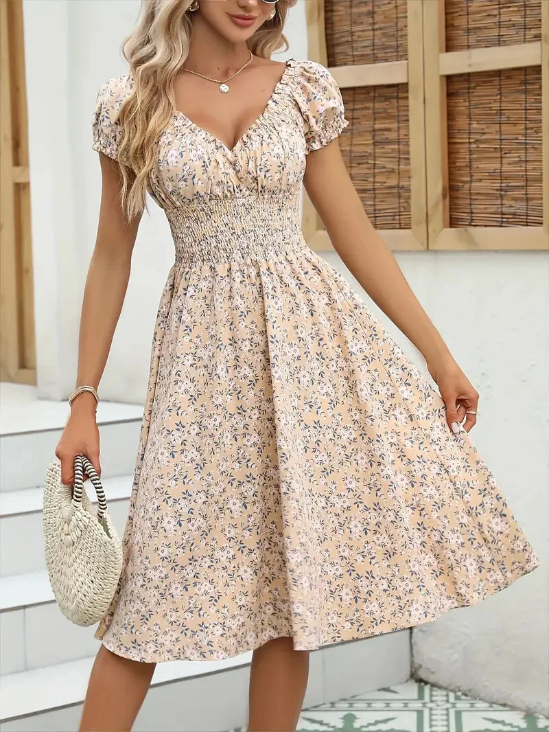2025 Summer New Vintage Floral Bubble Sleeve French Dress