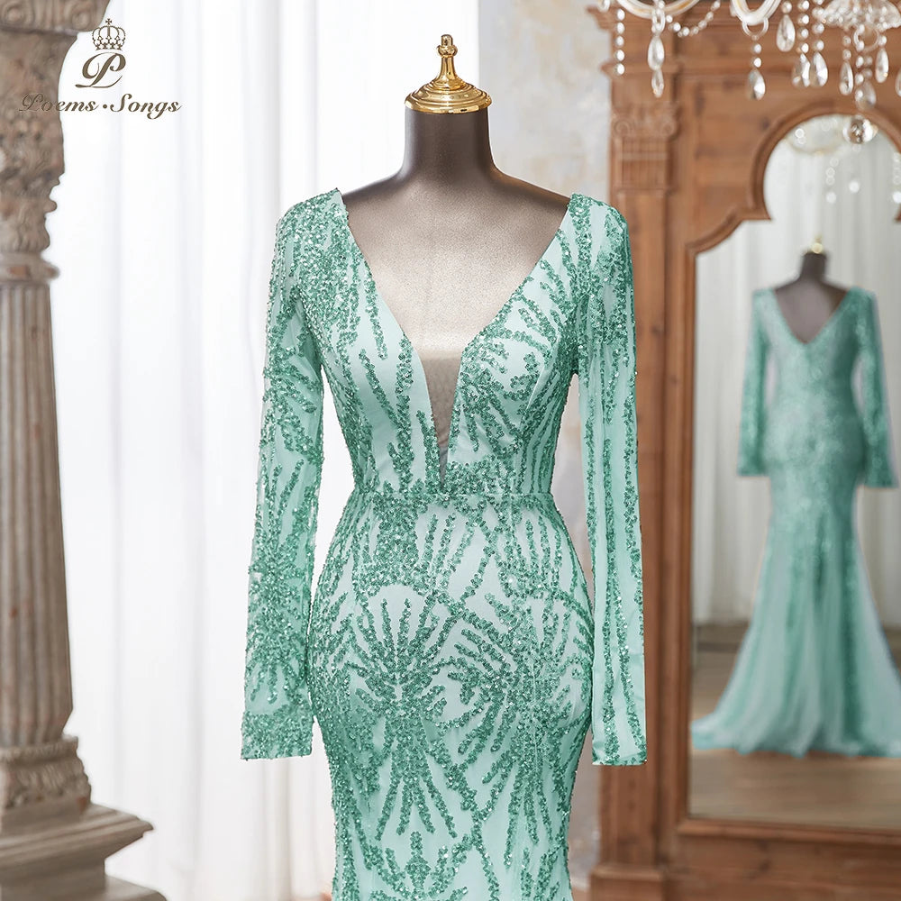 Luxurious Dark green Long Sleeve Sequin Gown Deep V-Neck Embellished Pattern Mermaid Formal Dress Elegant Evening Special Events