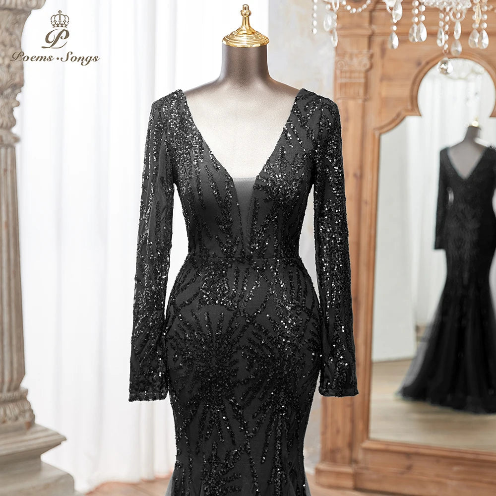 Luxurious Dark green Long Sleeve Sequin Gown Deep V-Neck Embellished Pattern Mermaid Formal Dress Elegant Evening Special Events