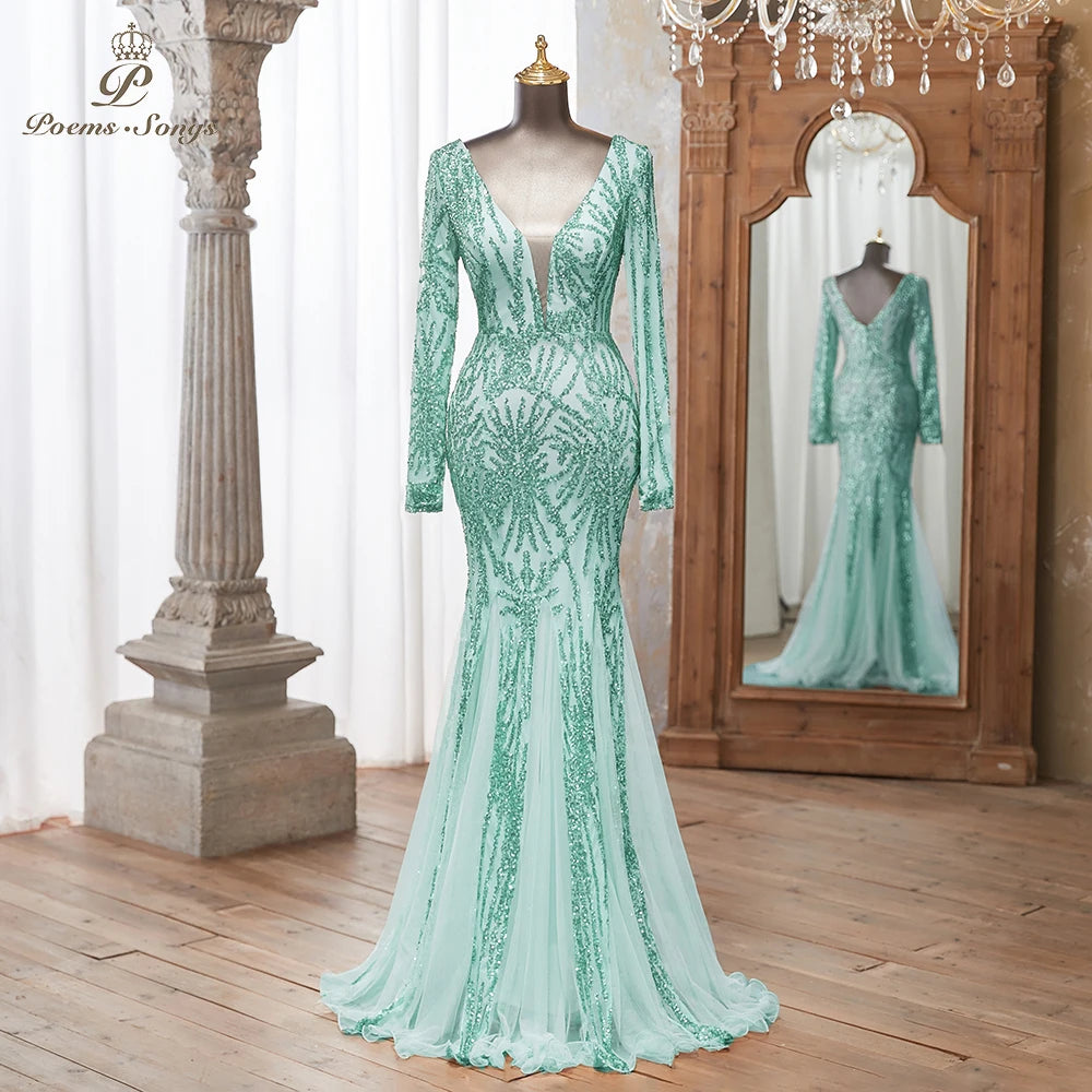 Luxurious Dark green Long Sleeve Sequin Gown Deep V-Neck Embellished Pattern Mermaid Formal Dress Elegant Evening Special Events