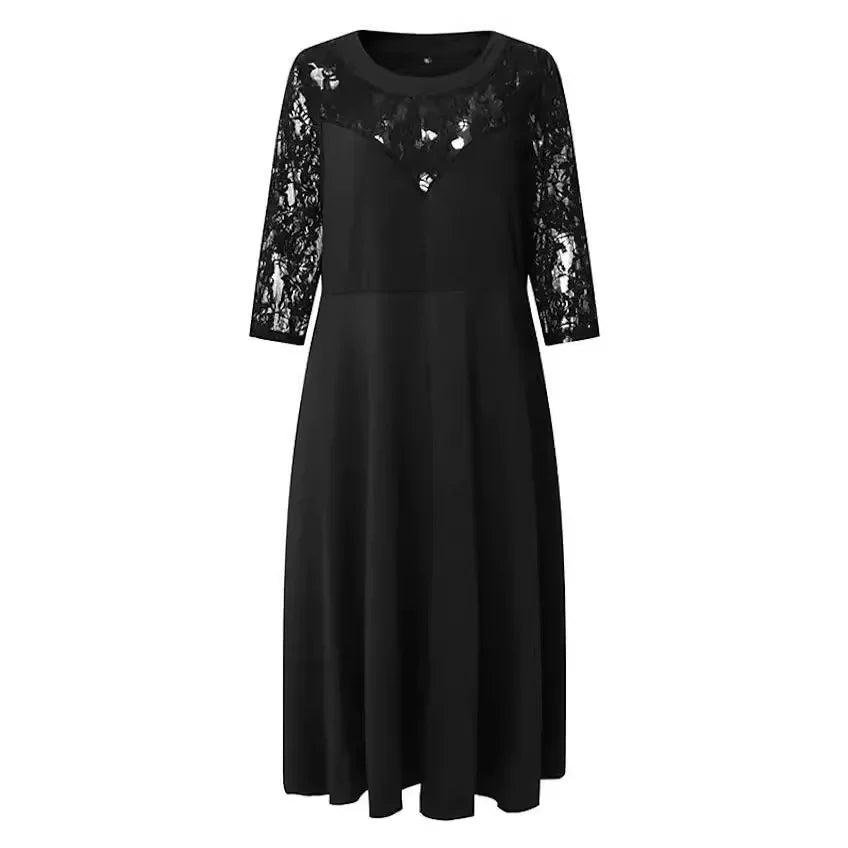 Plus Size Large Size Women's round Neck Lace Splice Seven-Quarter Sleeve Maxi Dress Elegant Flared Skirt Design Comfortable F...