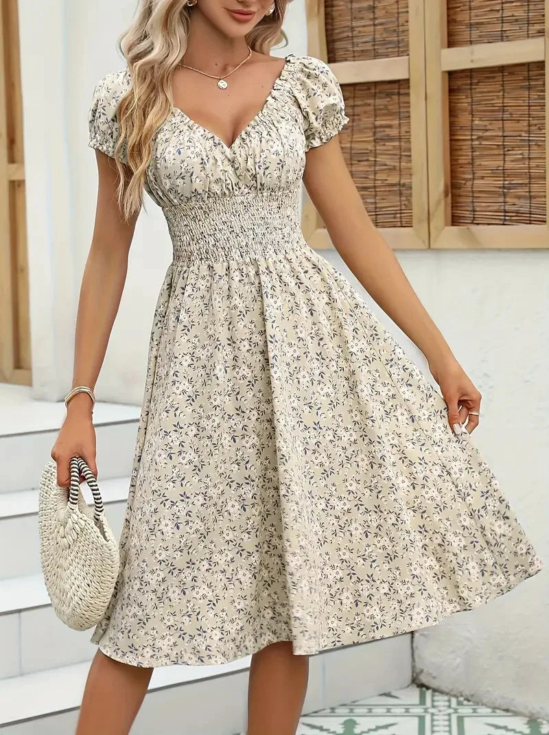 2025 Summer New Vintage Floral Bubble Sleeve French Dress