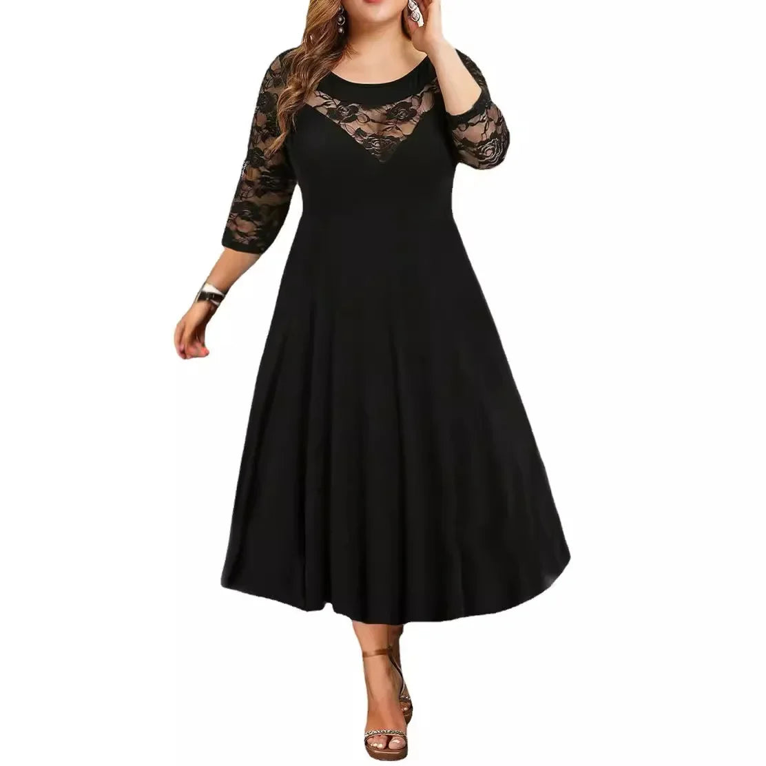 Plus Size Large Size Women's round Neck Lace Splice Seven-Quarter Sleeve Maxi Dress Elegant Flared Skirt Design Comfortable F...