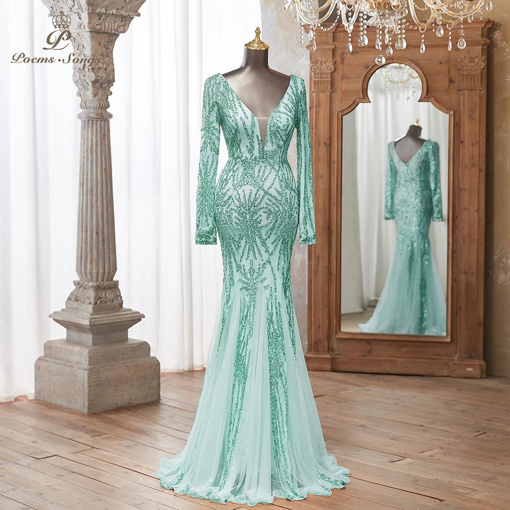 Luxurious Dark green Long Sleeve Sequin Gown Deep V-Neck Embellished Pattern Mermaid Formal Dress Elegant Evening Special Events