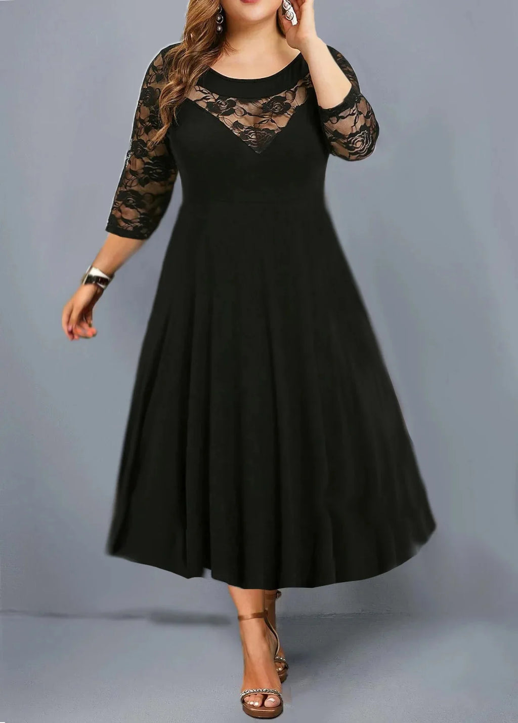 Plus Size Large Size Women's round Neck Lace Splice Seven-Quarter Sleeve Maxi Dress Elegant Flared Skirt Design Comfortable F...