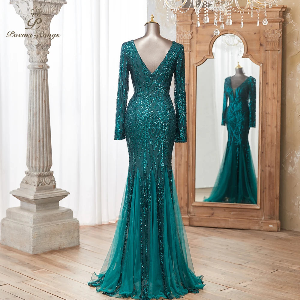 Luxurious Dark green Long Sleeve Sequin Gown Deep V-Neck Embellished Pattern Mermaid Formal Dress Elegant Evening Special Events