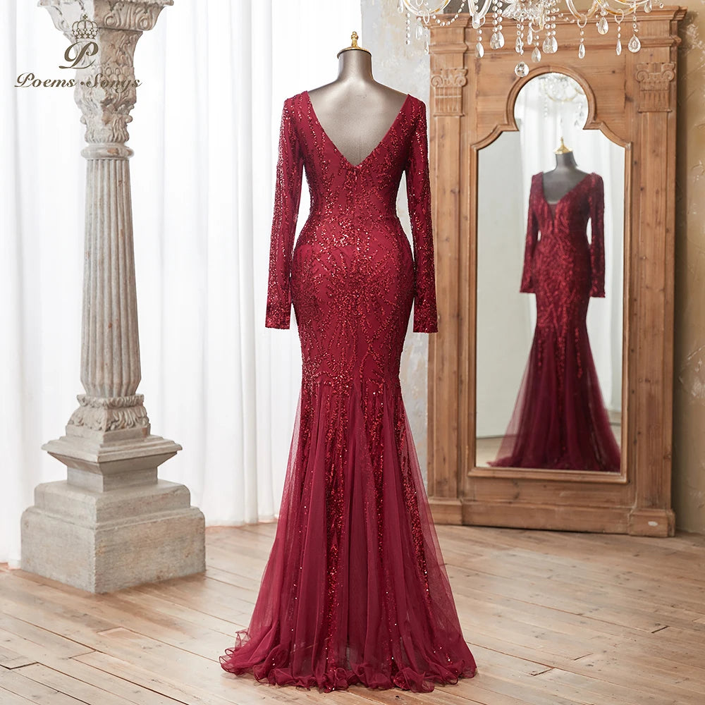 Luxurious Dark green Long Sleeve Sequin Gown Deep V-Neck Embellished Pattern Mermaid Formal Dress Elegant Evening Special Events