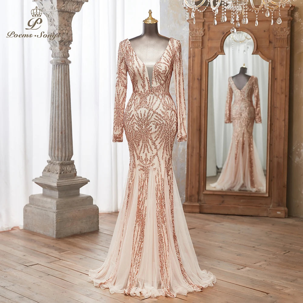 Luxurious Dark green Long Sleeve Sequin Gown Deep V-Neck Embellished Pattern Mermaid Formal Dress Elegant Evening Special Events