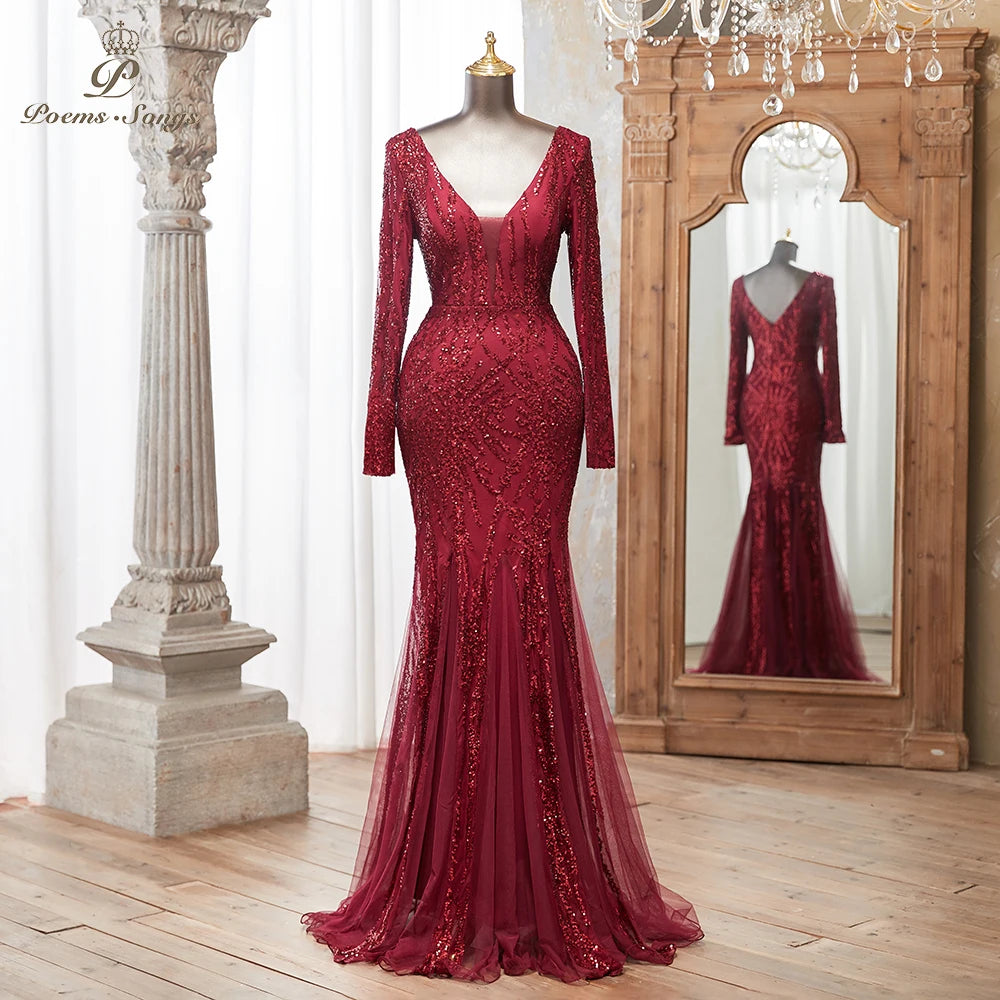 Luxurious Dark green Long Sleeve Sequin Gown Deep V-Neck Embellished Pattern Mermaid Formal Dress Elegant Evening Special Events