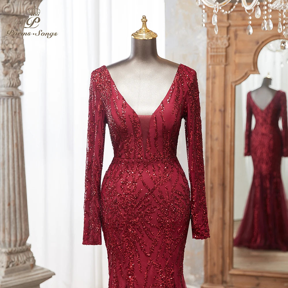 Luxurious Dark green Long Sleeve Sequin Gown Deep V-Neck Embellished Pattern Mermaid Formal Dress Elegant Evening Special Events