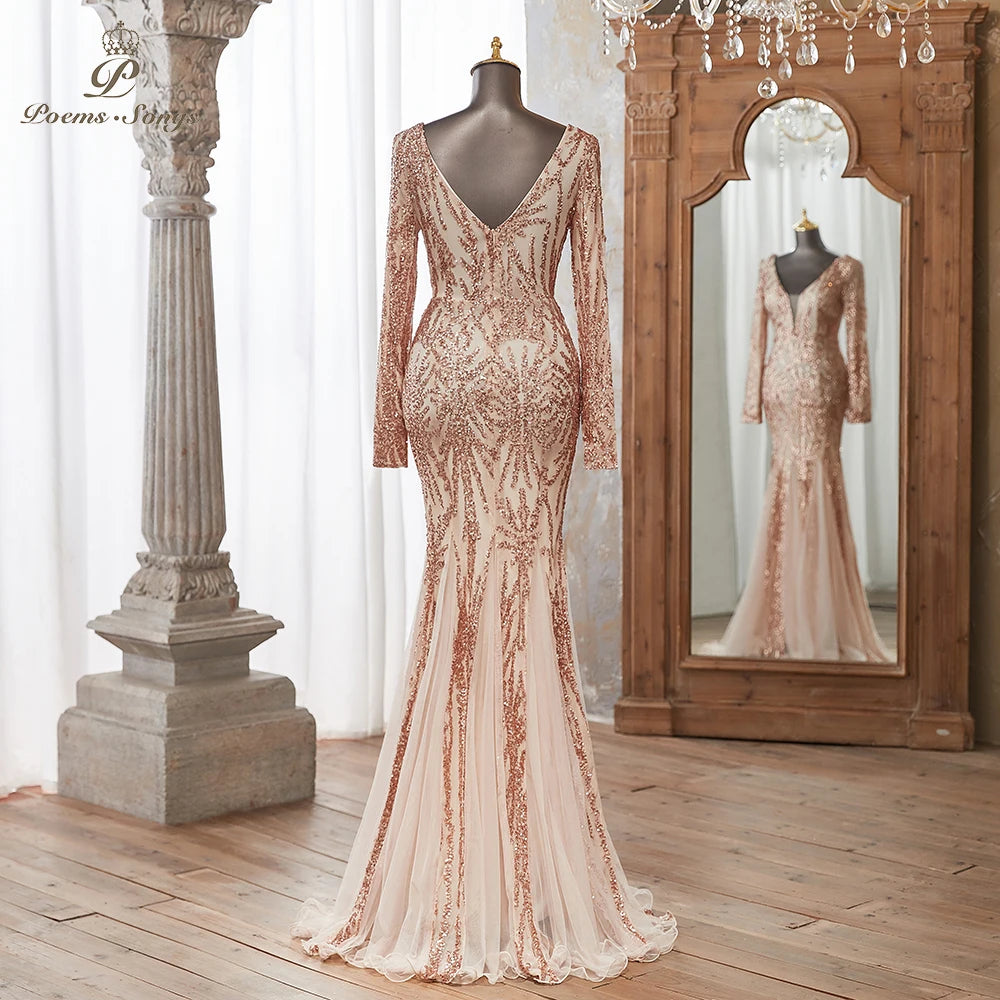 Luxurious Dark green Long Sleeve Sequin Gown Deep V-Neck Embellished Pattern Mermaid Formal Dress Elegant Evening Special Events