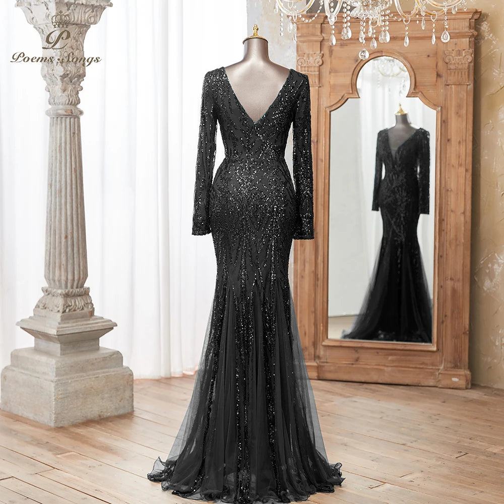 Luxurious Dark green Long Sleeve Sequin Gown Deep V-Neck Embellished Pattern Mermaid Formal Dress Elegant Evening Special Events