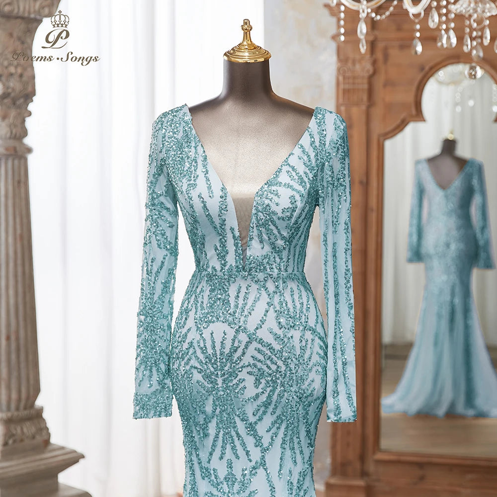Luxurious Dark green Long Sleeve Sequin Gown Deep V-Neck Embellished Pattern Mermaid Formal Dress Elegant Evening Special Events