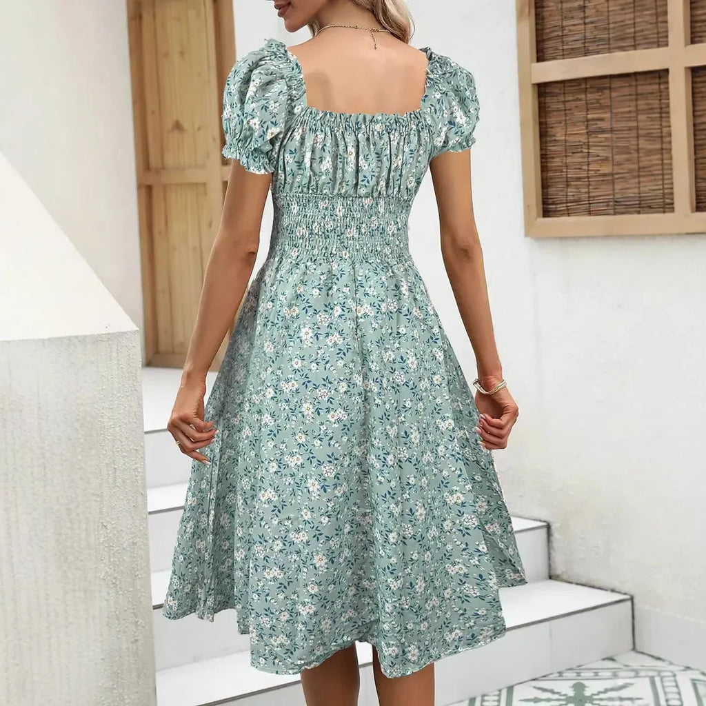 2025 Summer New Vintage Floral Bubble Sleeve French Dress