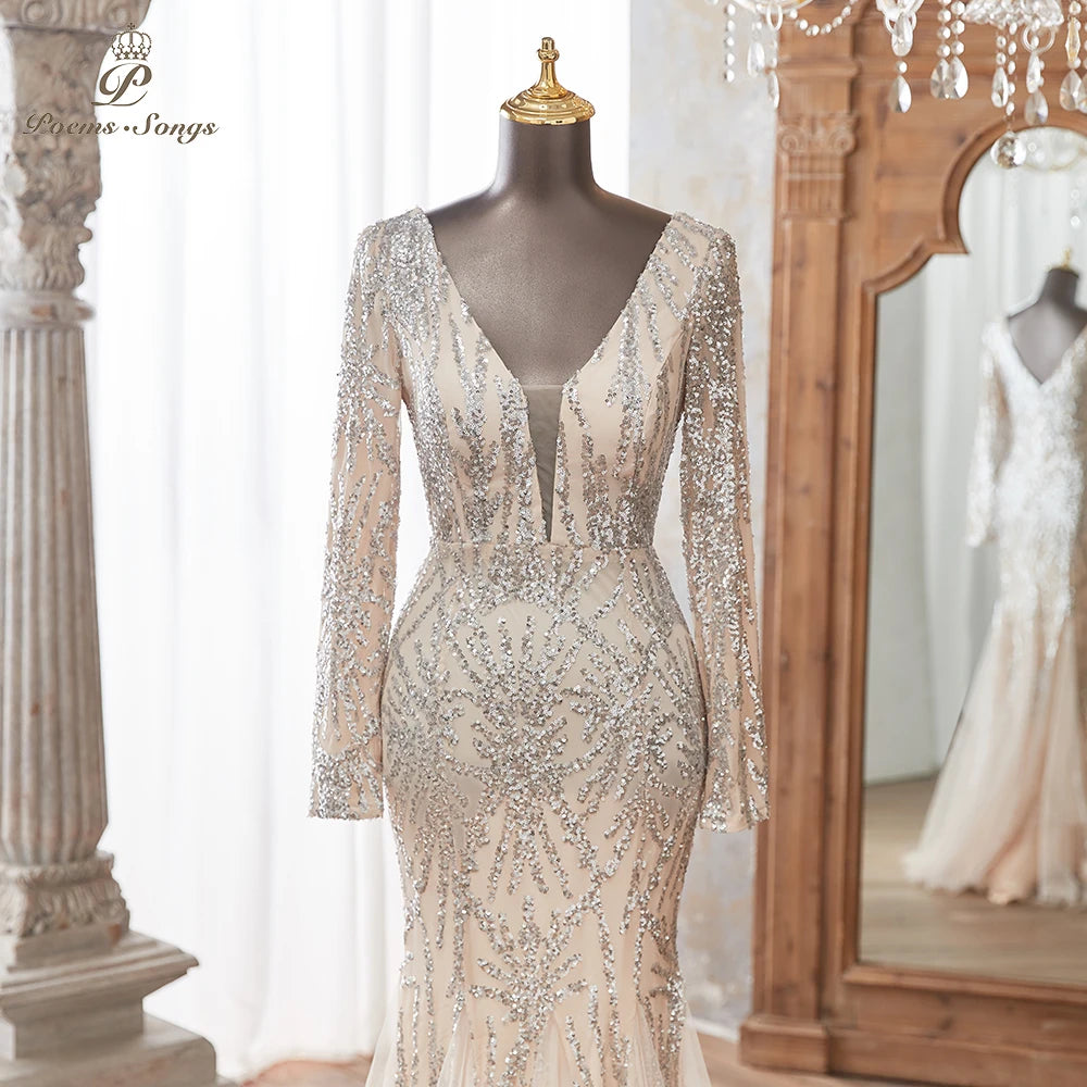 Luxurious Dark green Long Sleeve Sequin Gown Deep V-Neck Embellished Pattern Mermaid Formal Dress Elegant Evening Special Events