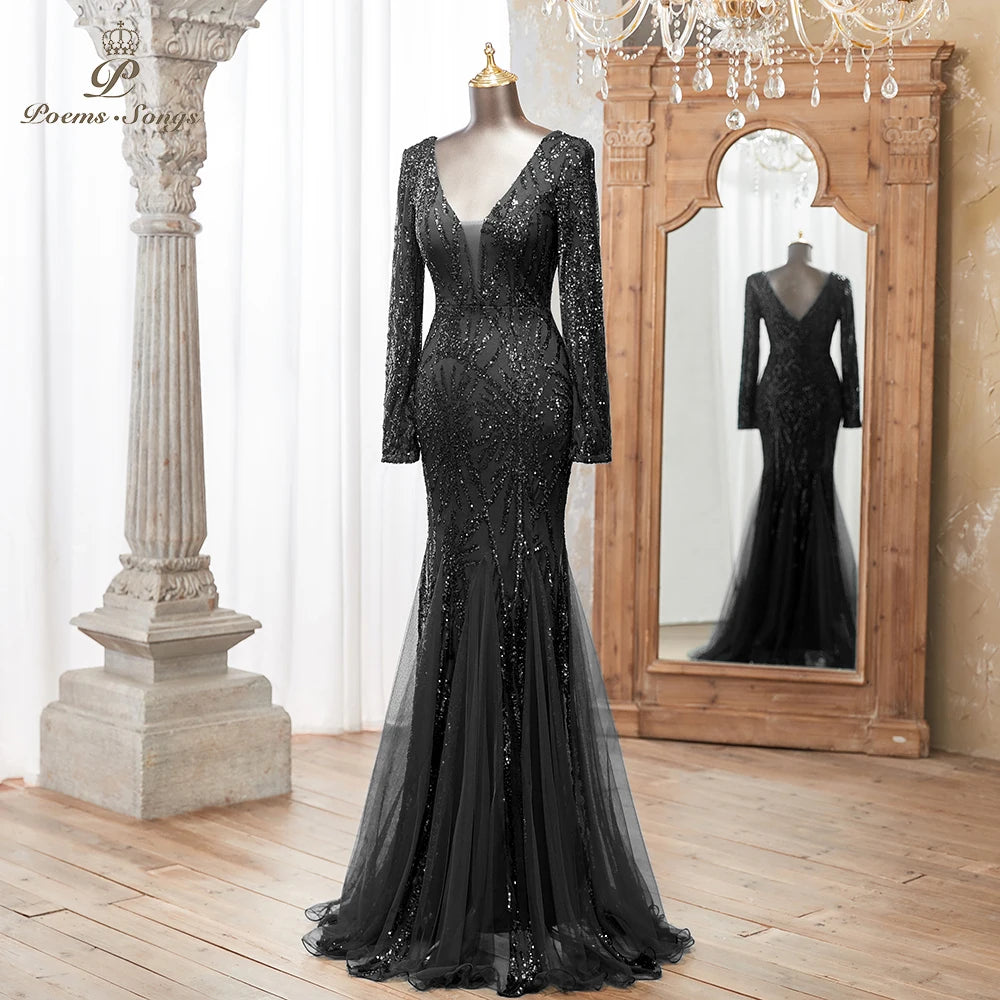Luxurious Dark green Long Sleeve Sequin Gown Deep V-Neck Embellished Pattern Mermaid Formal Dress Elegant Evening Special Events