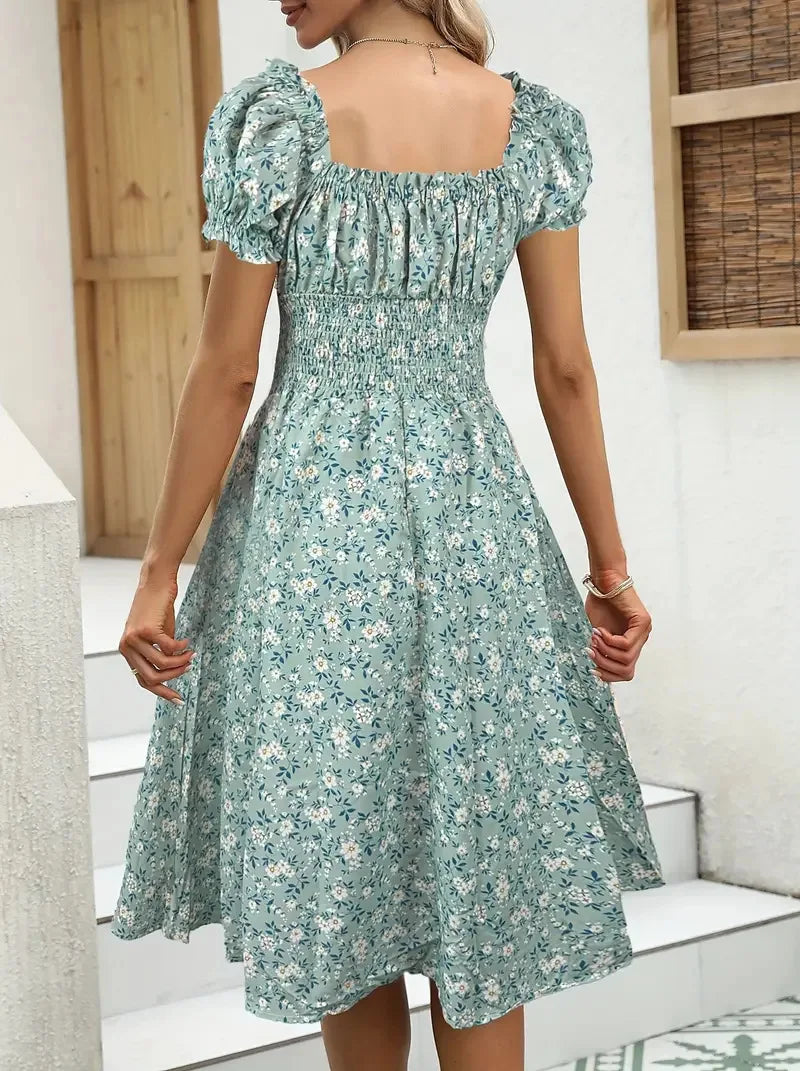 2025 Summer New Vintage Floral Bubble Sleeve French Dress