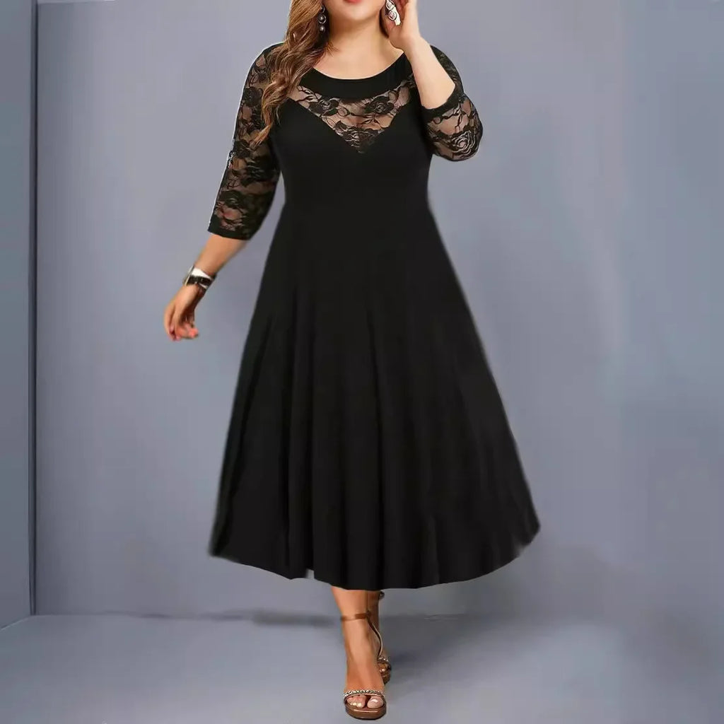 Plus Size Large Size Women's round Neck Lace Splice Seven-Quarter Sleeve Maxi Dress Elegant Flared Skirt Design Comfortable F...