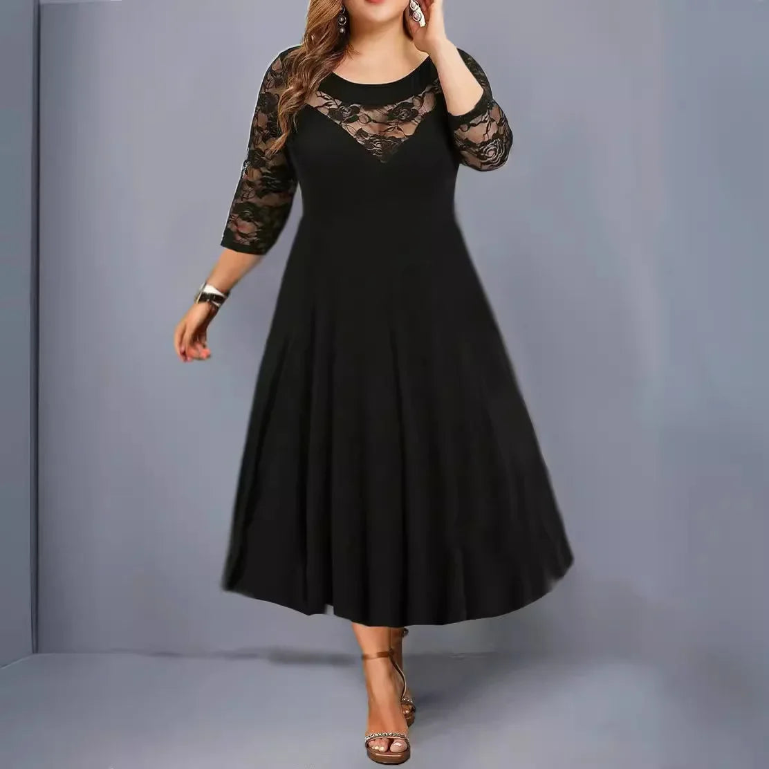 Plus Size Large Size Women's round Neck Lace Splice Seven-Quarter Sleeve Maxi Dress Elegant Flared Skirt Design Comfortable F...