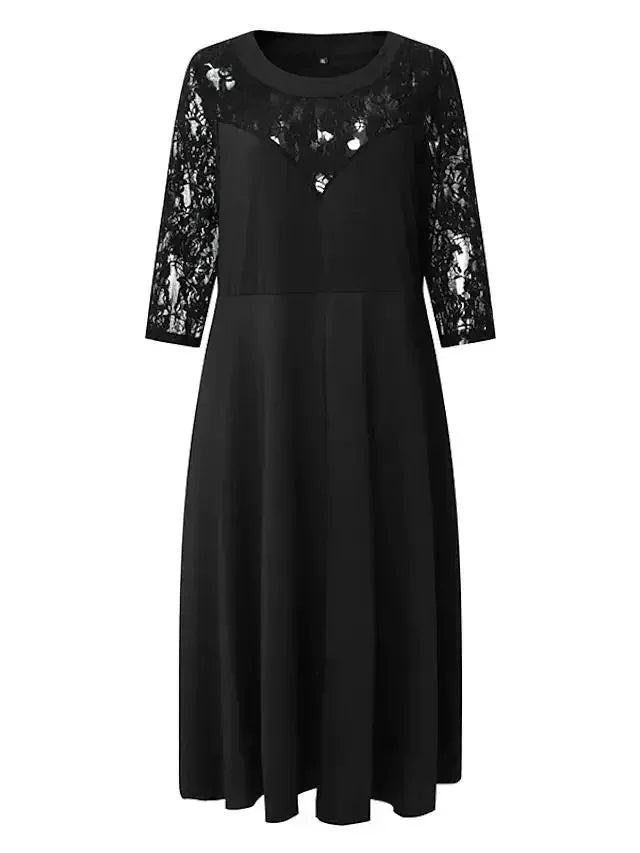 Plus Size Large Size Women's round Neck Lace Splice Seven-Quarter Sleeve Maxi Dress Elegant Flared Skirt Design Comfortable F...