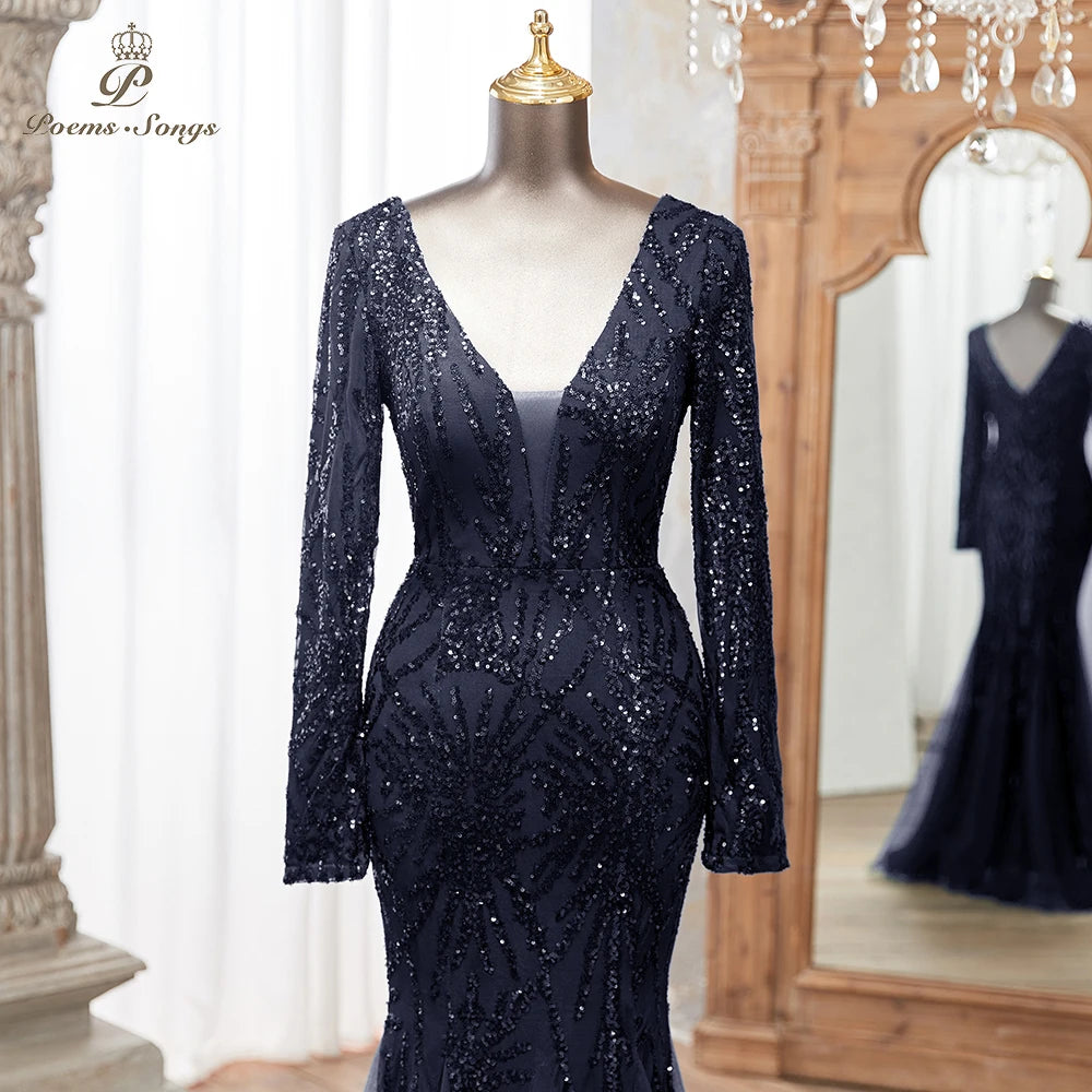 Luxurious Dark green Long Sleeve Sequin Gown Deep V-Neck Embellished Pattern Mermaid Formal Dress Elegant Evening Special Events