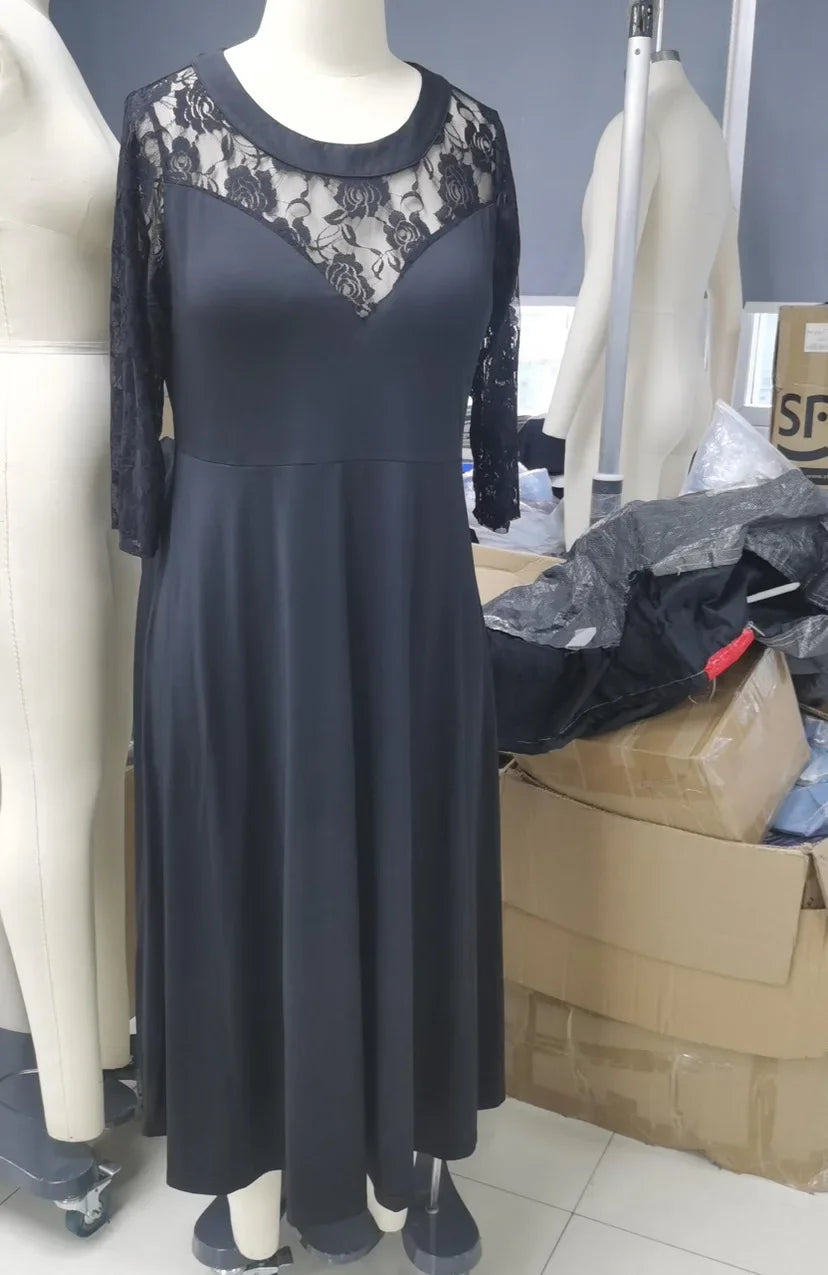 Plus Size Large Size Women's round Neck Lace Splice Seven-Quarter Sleeve Maxi Dress Elegant Flared Skirt Design Comfortable F...